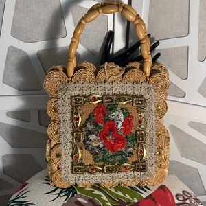 Vintage Woven Straw Top-Handle Bag with Red Floral Embroidery
